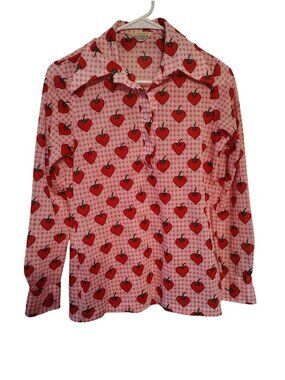 Vintage Medium Strawberry Fruit Button Front Blouse Top, Taiwan Retro Vibes